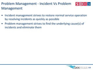 Problem Management - Incident Vs Problem
Management
• Incident management strives to restore normal service operation
by resolving incidents as quickly as possible
• Problem management strives to find the underlying cause(s) of
incidents and eliminate them
108
 