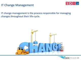 IT Change Management
IT change management is the process responsible for managing
changes throughout their life-cycle.
114
 