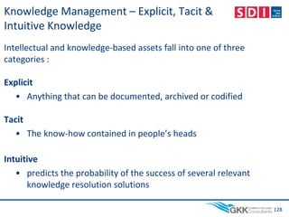 Knowledge Management – Explicit, Tacit &
Intuitive Knowledge
Intellectual and knowledge-based assets fall into one of three
categories :
Explicit
• Anything that can be documented, archived or codified
Tacit
• The know-how contained in people’s heads
Intuitive
• predicts the probability of the success of several relevant
knowledge resolution solutions
128
 
