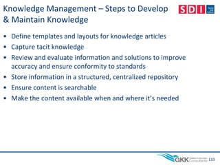 Knowledge Management – Steps to Develop
& Maintain Knowledge
• Define templates and layouts for knowledge articles
• Capture tacit knowledge
• Review and evaluate information and solutions to improve
accuracy and ensure conformity to standards
• Store information in a structured, centralized repository
• Ensure content is searchable
• Make the content available when and where it’s needed
133
 