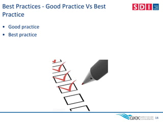 Best Practices - Good Practice Vs Best
Practice
• Good practice
• Best practice
14
 
