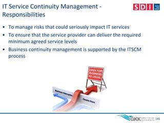 IT Service Continuity Management -
Responsibilities
• To manage risks that could seriously impact IT services
• To ensure that the service provider can deliver the required
minimum agreed service levels
• Business continuity management is supported by the ITSCM
process
141
 