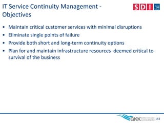IT Service Continuity Management -
Objectives
• Maintain critical customer services with minimal disruptions
• Eliminate single points of failure
• Provide both short and long-term continuity options
• Plan for and maintain infrastructure resources deemed critical to
survival of the business
142
 
