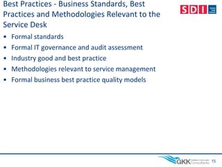 Best Practices - Business Standards, Best
Practices and Methodologies Relevant to the
Service Desk
• Formal standards
• Formal IT governance and audit assessment
• Industry good and best practice
• Methodologies relevant to service management
• Formal business best practice quality models
15
 