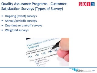 Quality Assurance Programs - Customer
Satisfaction Surveys (Types of Survey)
• Ongoing (event) surveys
• Annual/periodic surveys
• One-time or one-off surveys
• Weighted surveys
167
 