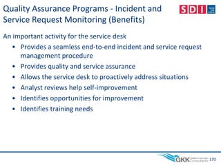 Quality Assurance Programs - Incident and
Service Request Monitoring (Benefits)
An important activity for the service desk
• Provides a seamless end-to-end incident and service request
management procedure
• Provides quality and service assurance
• Allows the service desk to proactively address situations
• Analyst reviews help self-improvement
• Identifies opportunities for improvement
• Identifies training needs
170
 