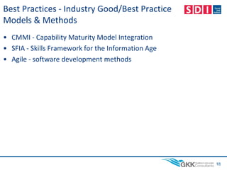 Best Practices - Industry Good/Best Practice
Models & Methods
• CMMI - Capability Maturity Model Integration
• SFIA - Skills Framework for the Information Age
• Agile - software development methods
18
 