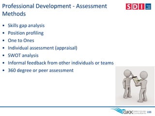 Professional Development - Assessment
Methods
• Skills gap analysis
• Position profiling
• One to Ones
• Individual assessment (appraisal)
• SWOT analysis
• Informal feedback from other individuals or teams
• 360 degree or peer assessment
188
 