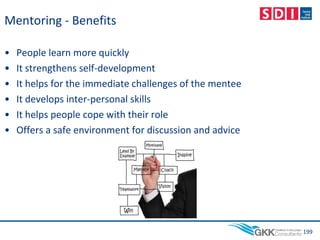 Mentoring - Benefits
• People learn more quickly
• It strengthens self-development
• It helps for the immediate challenges of the mentee
• It develops inter-personal skills
• It helps people cope with their role
• Offers a safe environment for discussion and advice
199
 