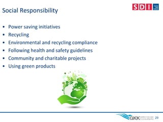 Social Responsibility
• Power saving initiatives
• Recycling
• Environmental and recycling compliance
• Following health and safety guidelines
• Community and charitable projects
• Using green products
29
 