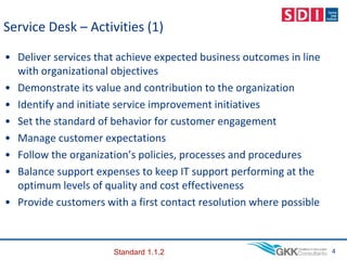 Service Desk – Activities (1)
• Deliver services that achieve expected business outcomes in line
with organizational objectives
• Demonstrate its value and contribution to the organization
• Identify and initiate service improvement initiatives
• Set the standard of behavior for customer engagement
• Manage customer expectations
• Follow the organization’s policies, processes and procedures
• Balance support expenses to keep IT support performing at the
optimum levels of quality and cost effectiveness
• Provide customers with a first contact resolution where possible
4
Standard 1.1.2
 