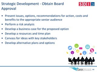 Strategic Development - Obtain Board
Approval
• Present issues, options, recommendations for action, costs and
benefits to the appropriate senior audience
• Perform a risk analysis
• Develop a business case for the proposed option
• Develop a resources and time plan
• Canvass for ideas with key stakeholders
• Develop alternative plans and options
44
 