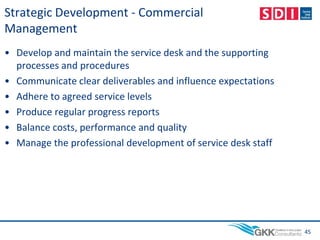 Strategic Development - Commercial
Management
• Develop and maintain the service desk and the supporting
processes and procedures
• Communicate clear deliverables and influence expectations
• Adhere to agreed service levels
• Produce regular progress reports
• Balance costs, performance and quality
• Manage the professional development of service desk staff
45
 