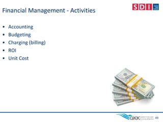 Financial Management - Activities
• Accounting
• Budgeting
• Charging (billing)
• ROI
• Unit Cost
49
 