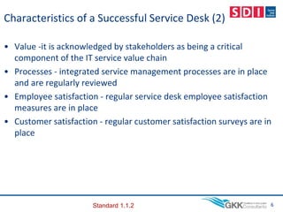 Characteristics of a Successful Service Desk (2)
• Value -it is acknowledged by stakeholders as being a critical
component of the IT service value chain
• Processes - integrated service management processes are in place
and are regularly reviewed
• Employee satisfaction - regular service desk employee satisfaction
measures are in place
• Customer satisfaction - regular customer satisfaction surveys are in
place
6
Standard 1.1.2
 