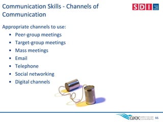 Communication Skills - Channels of
Communication
Appropriate channels to use:
• Peer-group meetings
• Target-group meetings
• Mass meetings
• Email
• Telephone
• Social networking
• Digital channels
66
 