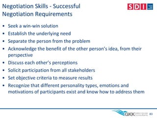 Negotiation Skills - Successful
Negotiation Requirements
• Seek a win-win solution
• Establish the underlying need
• Separate the person from the problem
• Acknowledge the benefit of the other person’s idea, from their
perspective
• Discuss each other’s perceptions
• Solicit participation from all stakeholders
• Set objective criteria to measure results
• Recognize that different personality types, emotions and
motivations of participants exist and know how to address them
83
 