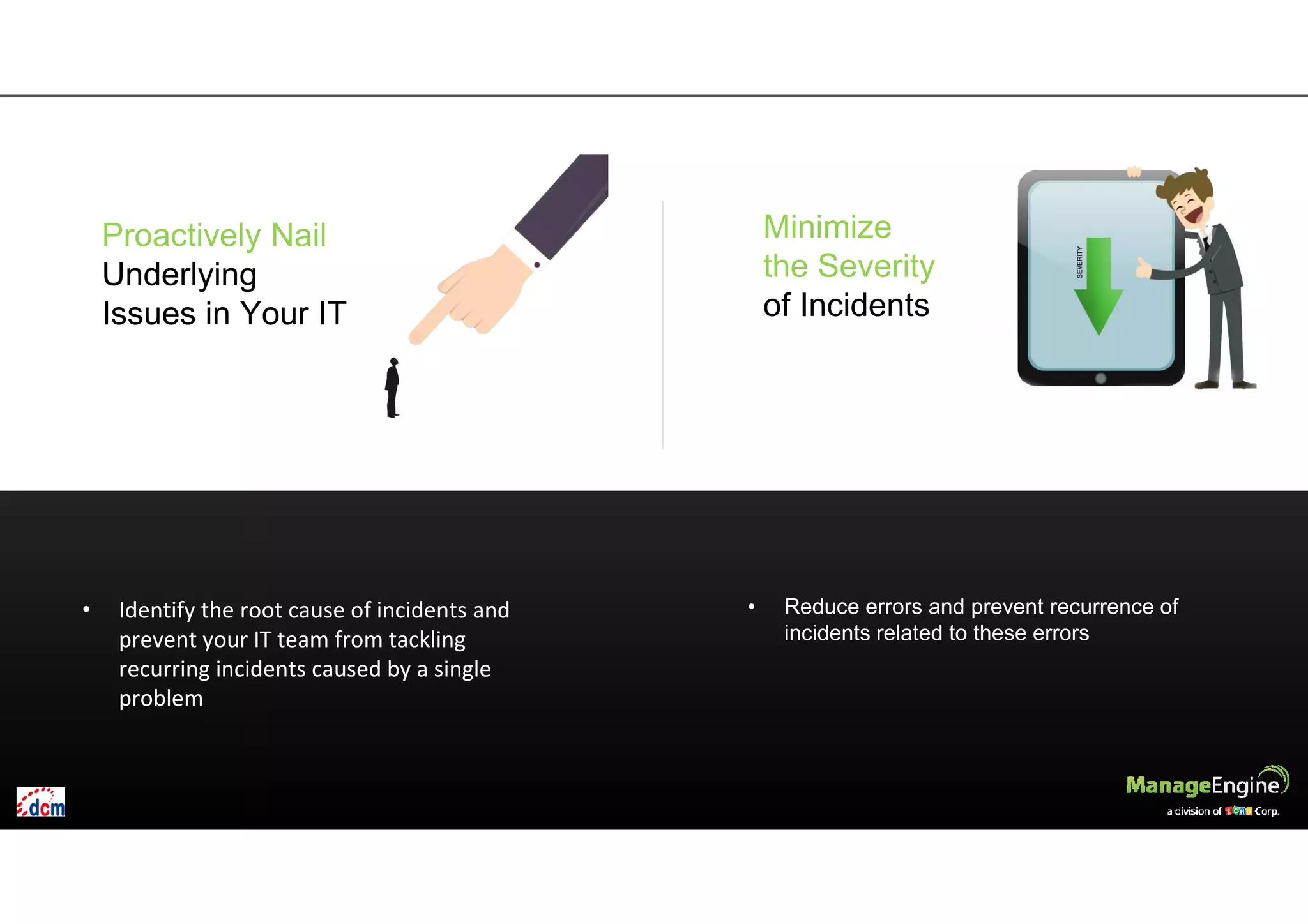 Minimize
the Severity
of Incidents
• Identify the root cause of incidents and
prevent your IT team from tackling
recurring incidents caused by a single
problem
• Reduce errors and prevent recurrence of
incidents related to these errors
Proactively Nail
Underlying
Issues in Your IT
 