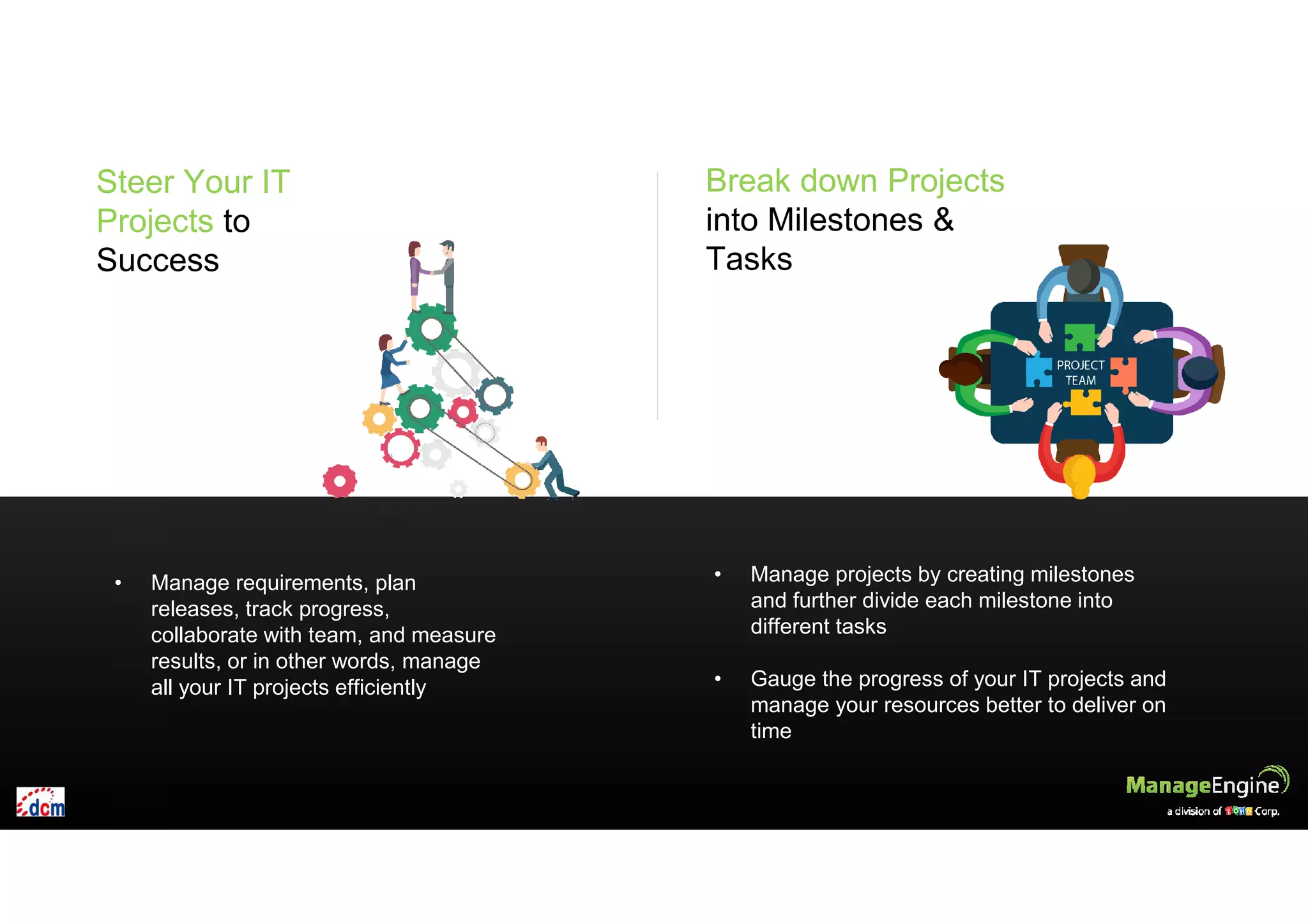 • Manage requirements, plan
releases, track progress,
collaborate with team, and measure
results, or in other words, manage
all your IT projects efficiently
• Manage projects by creating milestones
and further divide each milestone into
different tasks
• Gauge the progress of your IT projects and
manage your resources better to deliver on
time
Steer Your IT
Projects to
Success
Break down Projects
into Milestones &
Tasks
 