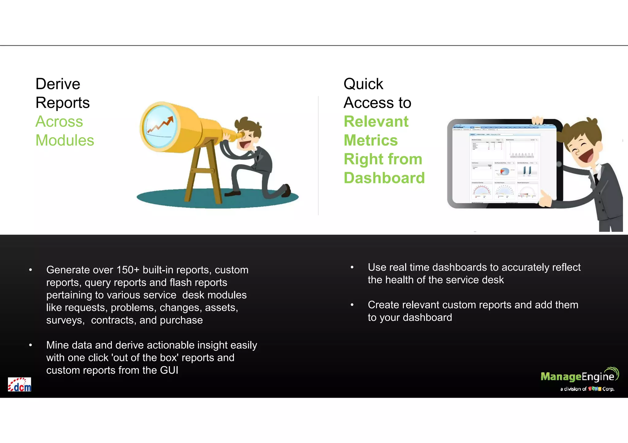 • Generate over 150+ built-in reports, custom
reports, query reports and flash reports
pertaining to various service desk modules
like requests, problems, changes, assets,
surveys, contracts, and purchase
• Mine data and derive actionable insight easily
with one click 'out of the box' reports and
custom reports from the GUI
Derive
Reports
Across
Modules
Quick
Access to
Relevant
Metrics
Right from
Dashboard
• Use real time dashboards to accurately reflect
the health of the service desk
• Create relevant custom reports and add them
to your dashboard
 