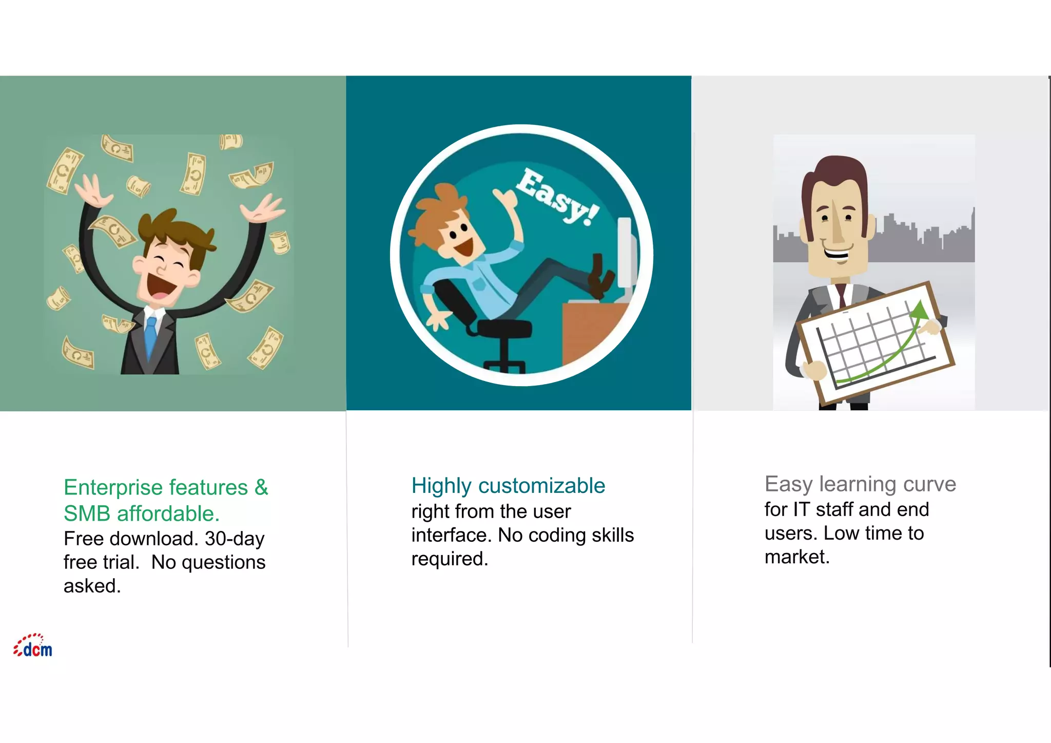 Easy learning curve
for IT staff and end
users. Low time to
market.
Enterprise features &
SMB affordable.
Free download. 30-day
free trial. No questions
asked.
Highly customizable
right from the user
interface. No coding skills
required.
 