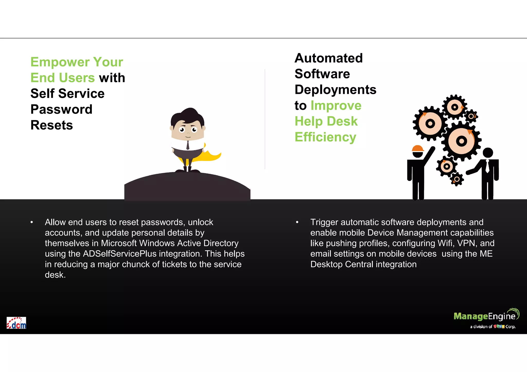 • Allow end users to reset passwords, unlock
accounts, and update personal details by
themselves in Microsoft Windows Active Directory
using the ADSelfServicePlus integration. This helps
in reducing a major chunck of tickets to the service
desk.
• Trigger automatic software deployments and
enable mobile Device Management capabilities
like pushing profiles, configuring Wifi, VPN, and
email settings on mobile devices using the ME
Desktop Central integration
Empower Your
End Users with
Self Service
Password
Resets
Automated
Software
Deployments
to Improve
Help Desk
Efficiency
 