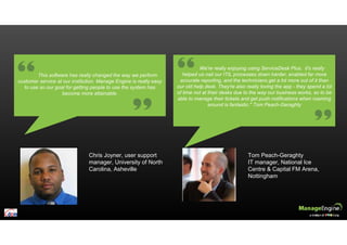 This software has really changed the way we perform
customer service at our institution. Manage Engine is really easy
to use so our goal for getting people to use the system has
become more attainable.
This software has really changed the way we perform
customer service at our institution. Manage Engine is really easy
to use so our goal for getting people to use the system has
become more attainable.
Chris Joyner, user support
manager, University of North
Carolina, Asheville
We're really enjoying using ServiceDesk Plus. it's really
helped us nail our ITIL processes down harder, enabled far more
accurate reporting, and the technicians get a lot more out of it than
our old help desk. They're also really loving the app - they spend a lot
of time not at their desks due to the way our business works, so to be
able to manage their tickets and get push notifications when roaming
around is fantastic." Tom Peach-Geraghty
We're really enjoying using ServiceDesk Plus. it's really
helped us nail our ITIL processes down harder, enabled far more
accurate reporting, and the technicians get a lot more out of it than
our old help desk. They're also really loving the app - they spend a lot
of time not at their desks due to the way our business works, so to be
able to manage their tickets and get push notifications when roaming
around is fantastic." Tom Peach-Geraghty
Tom Peach-Geraghty
IT manager, National Ice
Centre & Capital FM Arena,
Nottingham
 