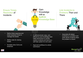Gain
Knowledge
with a
built-in
Knowledge Base
• A well-structured, easy, and
efficient to use knowledge base
helps technicians to quickly
resolve incidents and acts as a
self help system for end users
• Approval workflows for article
submission
• Define ticket response and
ticket resolution times to
manage the tickets
• Define rules for closing
tickets
• Escalate when SLAs are
breached
Ensure Timely
Resolution of
Incidents
Link Incidents to
Problems Then and
There
• Associate all related
incidents to a problem and
close all the incidents when
the problem is closed
 