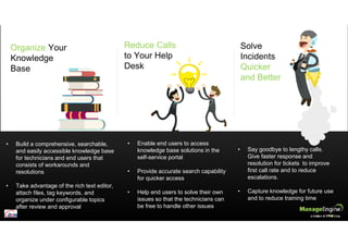 • Build a comprehensive, searchable,
and easily accessible knowledge base
for technicians and end users that
consists of workarounds and
resolutions
• Take advantage of the rich text editor,
attach files, tag keywords, and
organize under configurable topics
after review and approval
• Say goodbye to lengthy calls.
Give faster response and
resolution for tickets to improve
first call rate and to reduce
escalations.
• Capture knowledge for future use
and to reduce training time
Solve
Incidents
Quicker
and Better
Organize Your
Knowledge
Base
Reduce Calls
to Your Help
Desk
• Enable end users to access
knowledge base solutions in the
self-service portal
• Provide accurate search capability
for quicker access
• Help end users to solve their own
issues so that the technicians can
be free to handle other issues
 