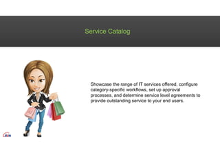 Service Catalog
Showcase the range of IT services offered, configure
category-specific workflows, set up approval
processes, and determine service level agreements to
provide outstanding service to your end users.
 
