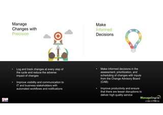 Manage
Changes with
Precision
Make
Informed
Decisions
• Log and track changes at every step of
the cycle and reduce the adverse
impact of changes
• Improve visibility and communication to
IT and business stakeholders with
automated workflows and notifications
• Make informed decisions in the
assessment, prioritization, and
scheduling of changes with inputs
from the Change Advisory Board
(CAB)
• Improve productivity and ensure
that there are lesser disruptions to
deliver high quality service
 