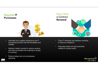 • Automate your supplier interactions and IT
purchasing functions with full traceability and
visibility
• Maintain master records for various vendors
and track purchases from ordering to receipt
to invoicing
• Reduce delays and cut unnecessary
spending
• Track IT hardware and software contracts
to improve compliance
• Associate assets and get proactively
notified of contract expiry
Regulate IT
Purchases
Never Miss
a Contract
Renewal
 