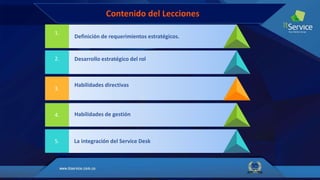 Contenido del Lecciones
1.
2.
3.
4.
5.
Definición de requerimientos estratégicos.
Desarrollo estratégico del rol
Habilidades directivas
Habilidades de gestión
La integración del Service Desk
 