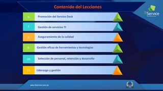 6.
7.
8.
9.
10.
Promoción del Service Desk
Gestión de servicios TI
Aseguramiento de la calidad
Gestión eficaz de herramientas y tecnologías
Selección de personal, retención y desarrollo
Contenido del Lecciones
11. Liderazgo y gestión
 