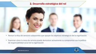 2. Desarrollo estratégico del rol
• Revisar la ética de servicios subyacentes que apoyan los objetivos estratégicos de la organización.
• Examinar cómo la mesa de servicio puede demostrar activamente su compromiso con la política
de responsabilidad social de la organización
 