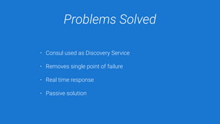 Problems Solved
• Consul used as Discovery Service
• Removes single point of failure
• Real time response
• Passive solution
 
