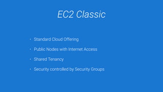 EC2 Classic
• Standard Cloud Offering
• Public Nodes with Internet Access
• Shared Tenancy
• Security controlled by Security Groups
 