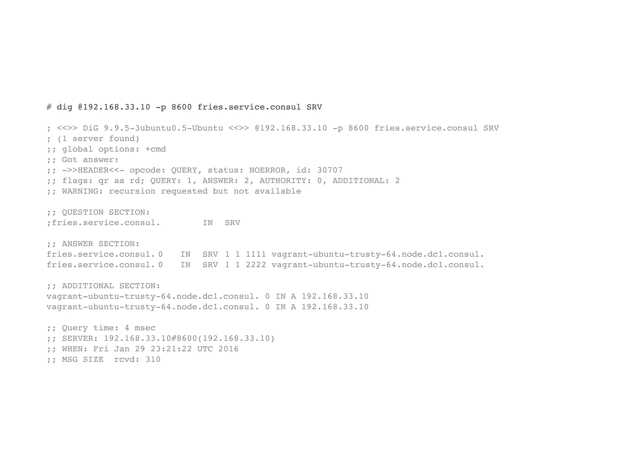 # dig @192.168.33.10 -p 8600 fries.service.consul SRV
; <<>> DiG 9.9.5-3ubuntu0.5-Ubuntu <<>> @192.168.33.10 -p 8600 fries.service.consul SRV
; (1 server found)
;; global options: +cmd
;; Got answer:
;; ->>HEADER<<- opcode: QUERY, status: NOERROR, id: 30707
;; flags: qr aa rd; QUERY: 1, ANSWER: 2, AUTHORITY: 0, ADDITIONAL: 2
;; WARNING: recursion requested but not available
;; QUESTION SECTION:
;fries.service.consul. IN SRV
;; ANSWER SECTION:
fries.service.consul. 0 IN SRV 1 1 1111 vagrant-ubuntu-trusty-64.node.dc1.consul.
fries.service.consul. 0 IN SRV 1 1 2222 vagrant-ubuntu-trusty-64.node.dc1.consul.
;; ADDITIONAL SECTION:
vagrant-ubuntu-trusty-64.node.dc1.consul. 0 IN A 192.168.33.10
vagrant-ubuntu-trusty-64.node.dc1.consul. 0 IN A 192.168.33.10
;; Query time: 4 msec
;; SERVER: 192.168.33.10#8600(192.168.33.10)
;; WHEN: Fri Jan 29 23:21:22 UTC 2016
;; MSG SIZE rcvd: 310
 