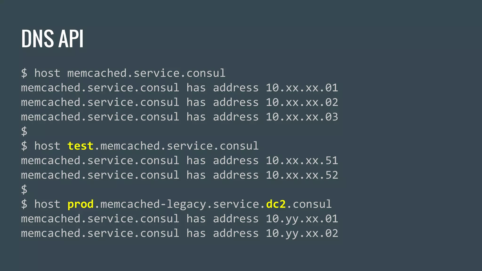 DNS API
$ host memcached.service.consul
memcached.service.consul has address 10.xx.xx.01
memcached.service.consul has address 10.xx.xx.02
memcached.service.consul has address 10.xx.xx.03
$
$ host test.memcached.service.consul
memcached.service.consul has address 10.xx.xx.51
memcached.service.consul has address 10.xx.xx.52
$
$ host prod.memcached-legacy.service.dc2.consul
memcached.service.consul has address 10.yy.xx.01
memcached.service.consul has address 10.yy.xx.02
 