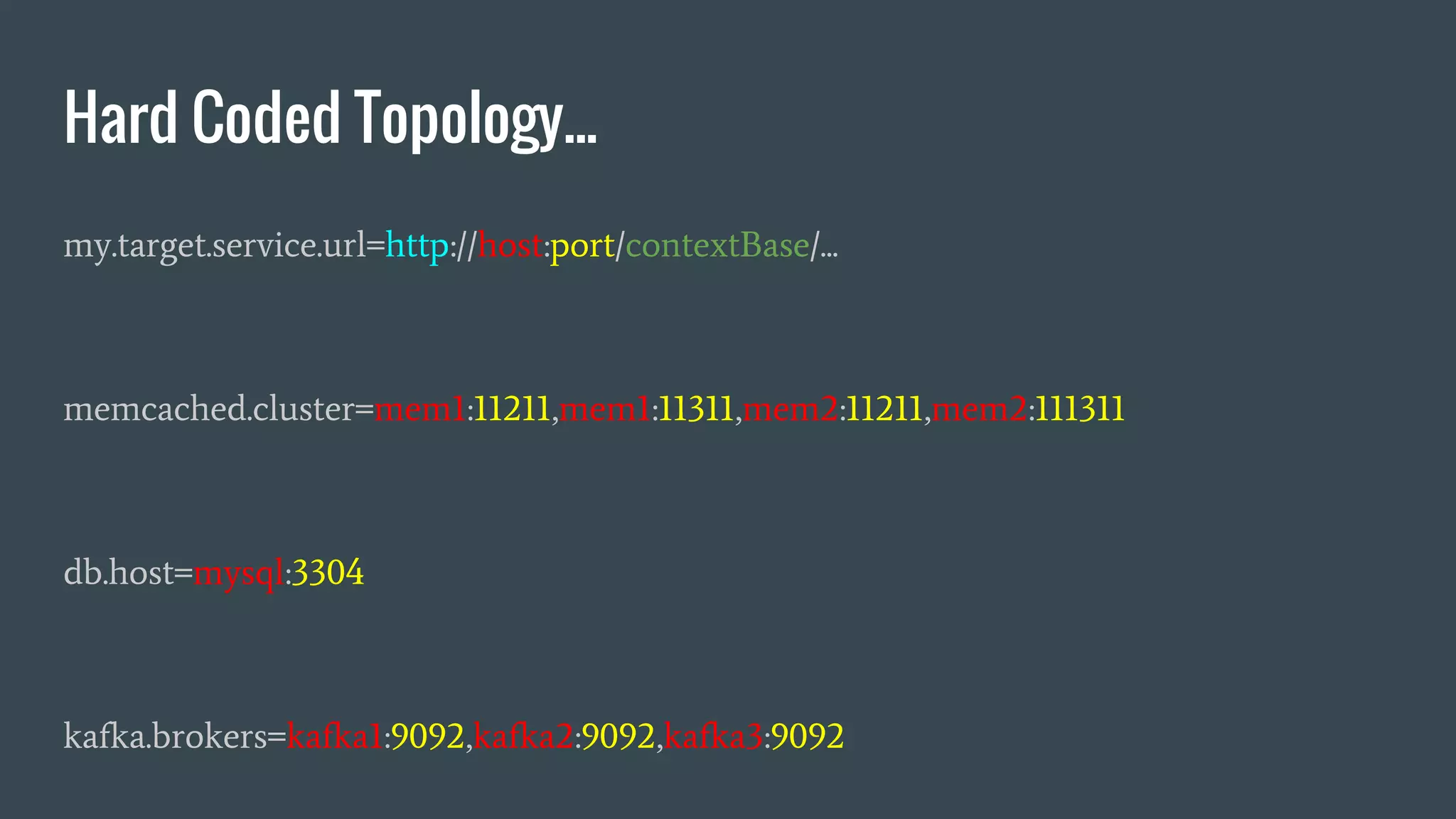 my.target.service.url=http://host:port/contextBase/...
memcached.cluster=mem1:11211,mem1:11311,mem2:11211,mem2:111311
db.host=mysql:3304
kafka.brokers=kafka1:9092,kafka2:9092,kafka3:9092
Hard Coded Topology...
 