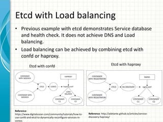 Etcd with Load balancing
• Previous example with etcd demonstrates Service database
and health check. It does not achieve DNS and Load
balancing.
• Load balancing can be achieved by combining etcd with
confd or haproxy.
Etcd with confd Etcd with haproxy
Reference: http://adetante.github.io/articles/service-
discovery-haproxy/
Reference:
https://www.digitalocean.com/community/tutorials/how-to-
use-confd-and-etcd-to-dynamically-reconfigure-services-in-
coreos
 