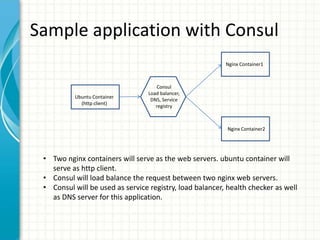 Sample application with Consul
Ubuntu Container
(http client)
Nginx Container1
Nginx Container2
Consul
Load balancer,
DNS, Service
registry
• Two nginx containers will serve as the web servers. ubuntu container will
serve as http client.
• Consul will load balance the request between two nginx web servers.
• Consul will be used as service registry, load balancer, health checker as well
as DNS server for this application.
 