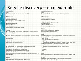 Service discovery – etcd exampleApache service:
[Unit]
Description=Apache web server service on port %i
# Requirements
Requires=etcd2.service
Requires=docker.service
Requires=apachet-discovery@%i.service
# Dependency ordering
After=etcd2.service
After=docker.service
Before=apachet-discovery@%i.service
[Service]
# Let processes take awhile to start up (for first run Docker containers)
TimeoutStartSec=0
# Change killmode from "control-group" to "none" to let Docker remove
# work correctly.
KillMode=none
# Get CoreOS environmental variables
EnvironmentFile=/etc/environment
# Pre-start and Start
## Directives with "=-" are allowed to fail without consequence
ExecStartPre=-/usr/bin/docker kill apachet.%i
ExecStartPre=-/usr/bin/docker rm apachet.%i
ExecStartPre=/usr/bin/docker pull coreos/apache
ExecStart=/usr/bin/docker run --name apachet.%i -p
${COREOS_PUBLIC_IPV4}:%i:80 coreos/apache /usr/sbin/apache2ctl -D
FOREGROUND
# Stop
ExecStop=/usr/bin/docker stop apachet.%i
Apache sidekick service:
[Unit]
Description=Apache web server on port %i etcd registration
# Requirements
Requires=etcd2.service
Requires=apachet@%i.service
# Dependency ordering and binding
After=etcd2.service
After=apachet@%i.service
BindsTo=apachet@%i.service
[Service]
# Get CoreOS environmental variables
EnvironmentFile=/etc/environment
# Start
## Test whether service is accessible and then register useful information
ExecStart=/bin/bash -c '
while true; do 
curl -f ${COREOS_PUBLIC_IPV4}:%i; 
if [ $? -eq 0 ]; then 
etcdctl set /services/apachet/${COREOS_PUBLIC_IPV4} '{"host": "%H",
"ipv4_addr": ${COREOS_PUBLIC_IPV4}, "port": %i}' --ttl 30; 
else 
etcdctl rm /services/apachet/${COREOS_PUBLIC_IPV4}; 
fi; 
sleep 20; 
done'
# Stop
ExecStop=/usr/bin/etcdctl rm /services/apachet/${COREOS_PUBLIC_IPV4}
[X-Fleet]
# Schedule on the same machine as the associated Apache service
X-ConditionMachineOf=apachet@%i.service
 
