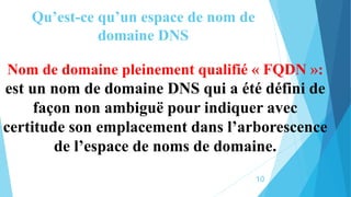 Qu’est-ce qu’un espace de nom de
domaine DNS
Nom de domaine pleinement qualifié « FQDN »:
est un nom de domaine DNS qui a été défini de
façon non ambiguë pour indiquer avec
certitude son emplacement dans l’arborescence
de l’espace de noms de domaine.
10
 