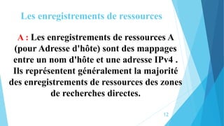 Les enregistrements de ressources
A : Les enregistrements de ressources A
(pour Adresse d'hôte) sont des mappages
entre un nom d'hôte et une adresse IPv4 .
Ils représentent généralement la majorité
des enregistrements de ressources des zones
de recherches directes.
12
 