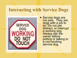 Interacting with Service Dogs Service dogs are not pets.  They are dogs with a job to do. Do not pet, distract, or interrupt a working dog. Always ask the owner before petting or talking to a non-working service dog. 