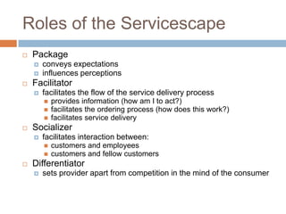 Roles of the Servicescape
 Package
 conveys expectations
 influences perceptions
 Facilitator
 facilitates the flow of the service delivery process
 provides information (how am I to act?)
 facilitates the ordering process (how does this work?)
 facilitates service delivery
 Socializer
 facilitates interaction between:
 customers and employees
 customers and fellow customers
 Differentiator
 sets provider apart from competition in the mind of the consumer
 