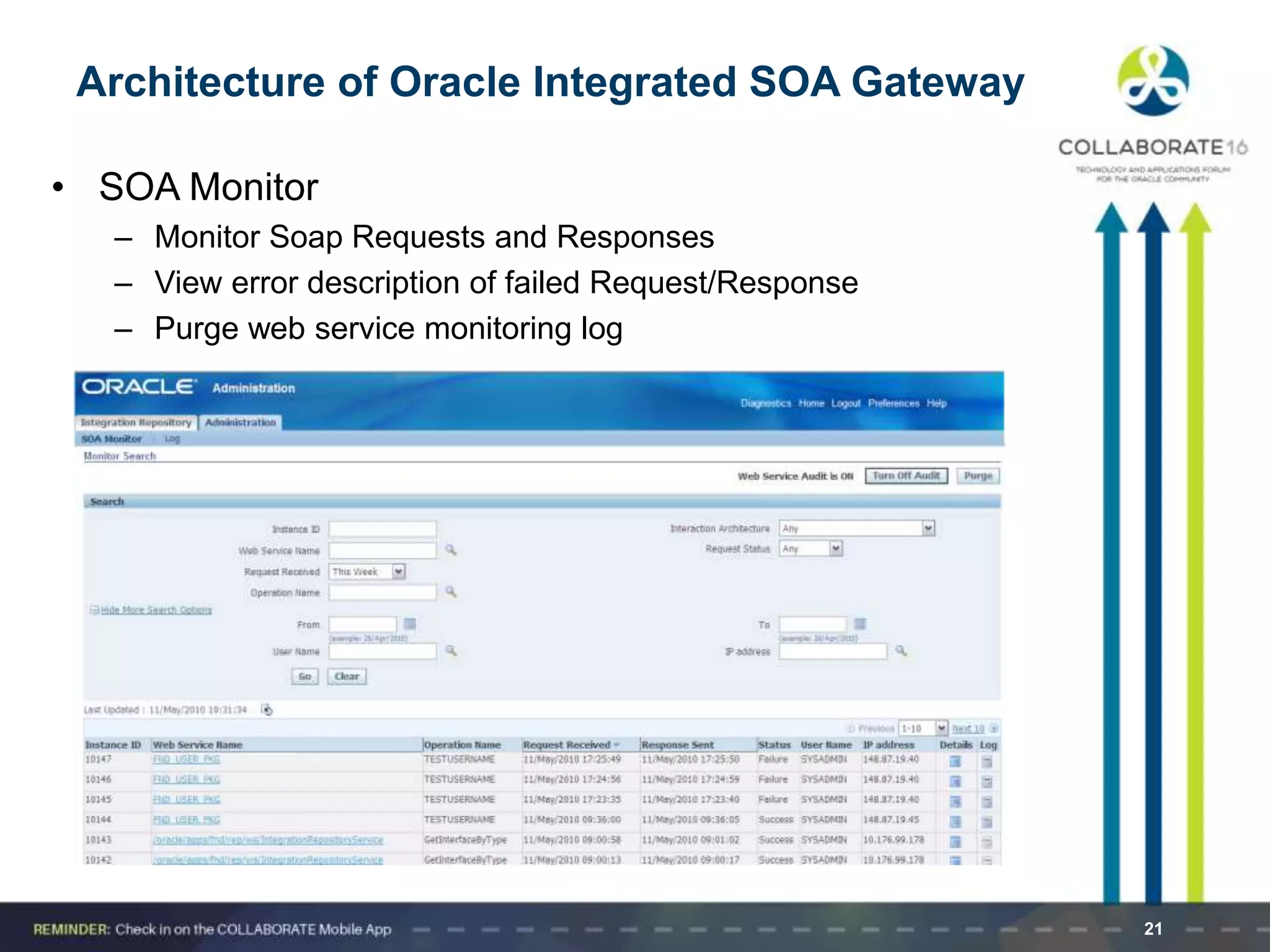 21
Architecture of Oracle Integrated SOA Gateway
• SOA Monitor
– Monitor Soap Requests and Responses
– View error description of failed Request/Response
– Purge web service monitoring log
 