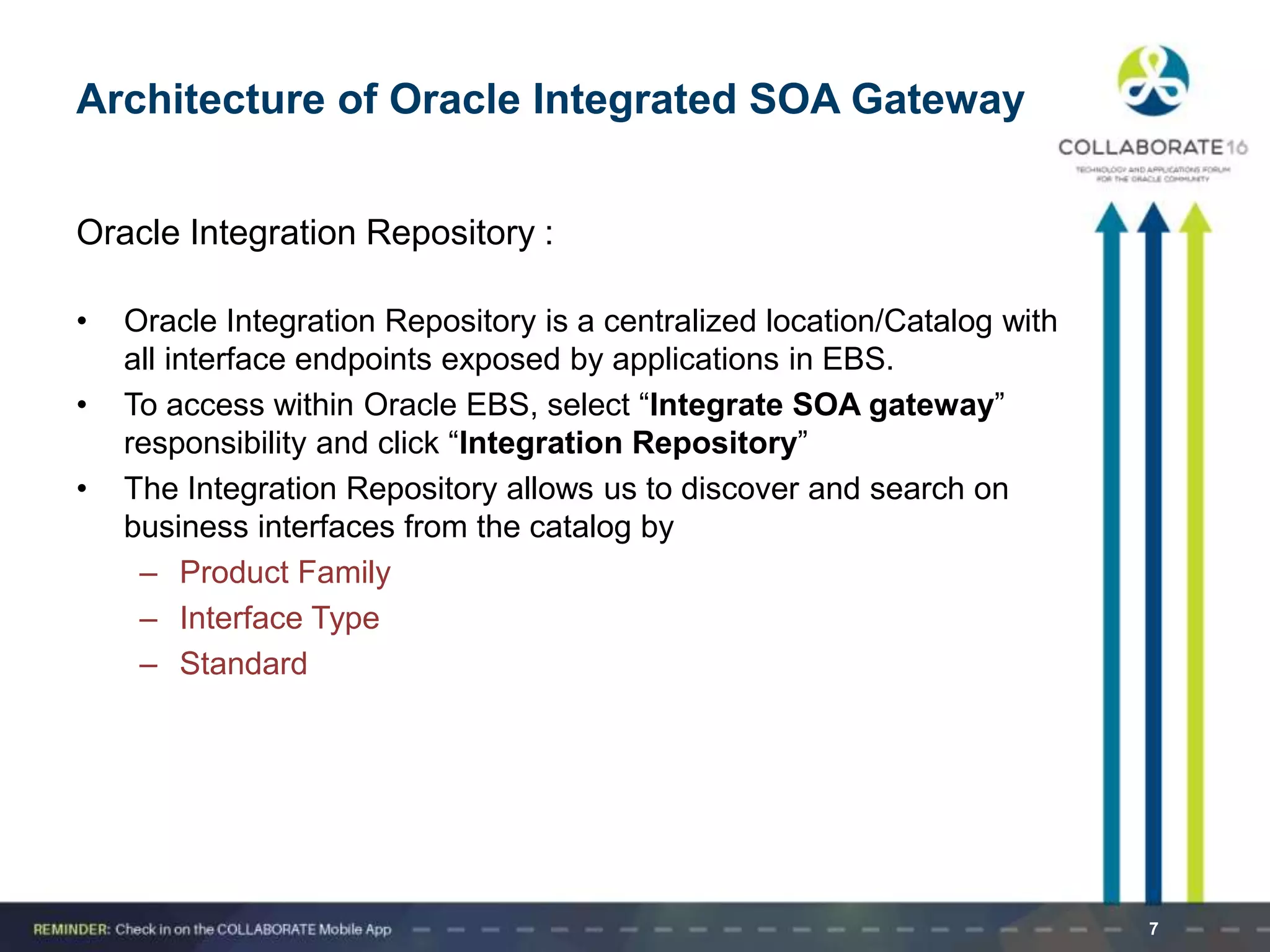 Oracle Integration Repository :
• Oracle Integration Repository is a centralized location/Catalog with
all interface endpoints exposed by applications in EBS.
• To access within Oracle EBS, select “Integrate SOA gateway”
responsibility and click “Integration Repository”
• The Integration Repository allows us to discover and search on
business interfaces from the catalog by
– Product Family
– Interface Type
– Standard
7
Architecture of Oracle Integrated SOA Gateway
 