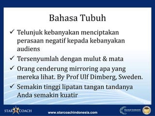  Telunjuk kebanyakan menciptakan
perasaan negatif kepada kebanyakan
audiens
 Tersenyumlah dengan mulut & mata
 Orang cenderung mirroring apa yang
mereka lihat. By Prof Ulf Dimberg, Sweden.
 Semakin tinggi lipatan tangan tandanya
Anda semakin kuatir
Bahasa Tubuh
 
